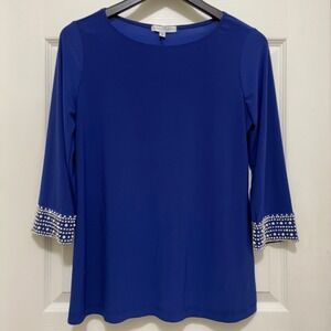 Annalee + Hope Royal Blue Top Pearl Rhinestone Embellished 3/4 Sleeve USA Made M